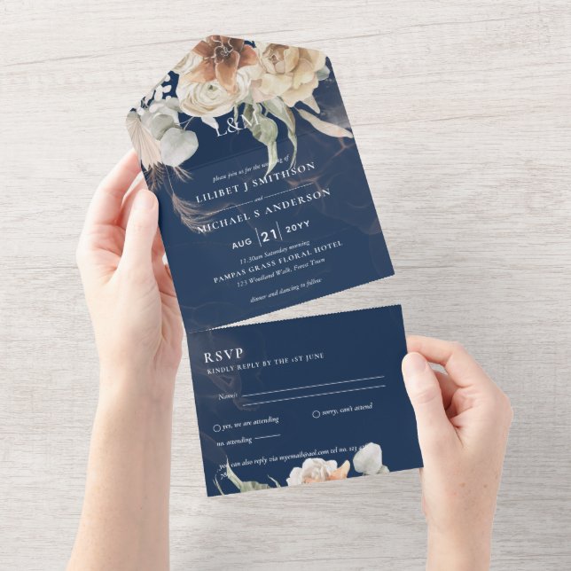 Convites de casamento com RSVP | Grama BOHO Pampas (Tearaway)