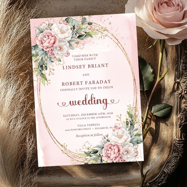 Convites de Casamento com Vegetação e Blush de Our (Timeless Rose Gold Blush Greenery Wedding Invitation)