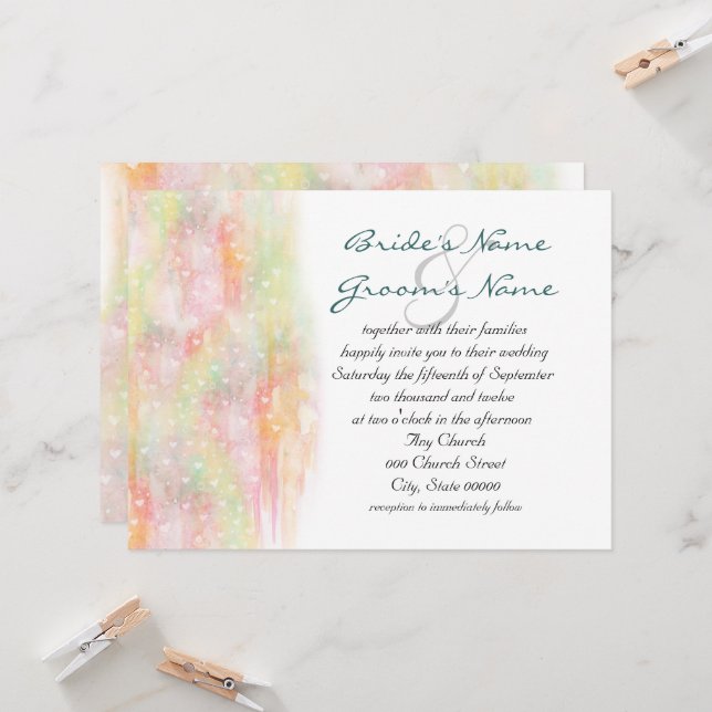 Convites de Casamento Corações em Aquarela Pastel (Frente/Verso In Situ)