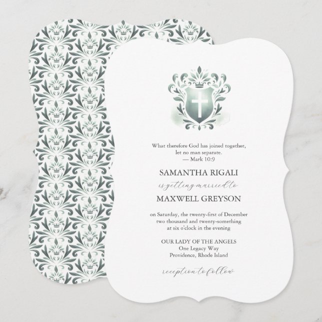 Convites de Casamento Cristãos com Brasão em Verde (Frente/Verso)