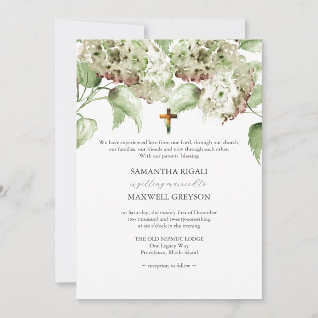 Convites de Casamento Cristãos com Hortênsias Verd (Frente)