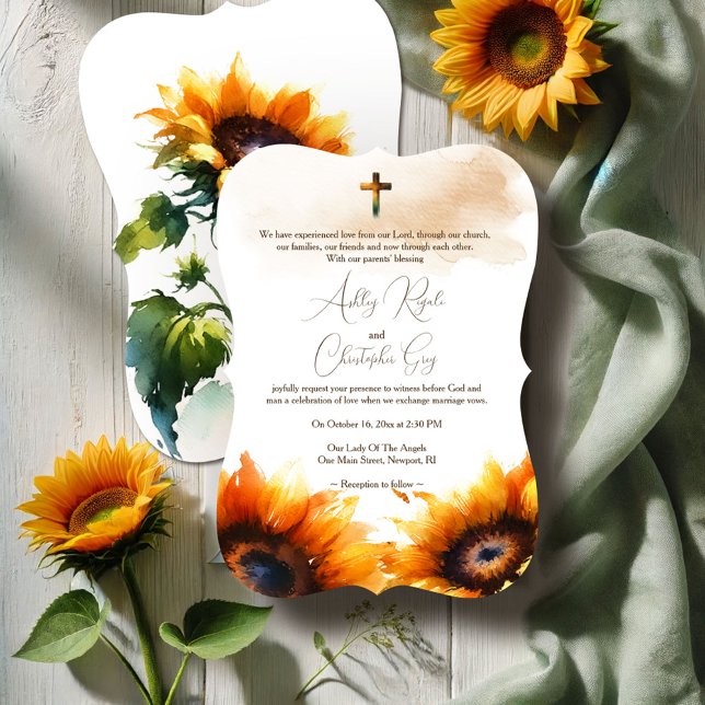 Convites de Casamento Cristãos - Girassóis (Christian wedding invitations watercolor sunflowers rustic shades of yellows and greens)