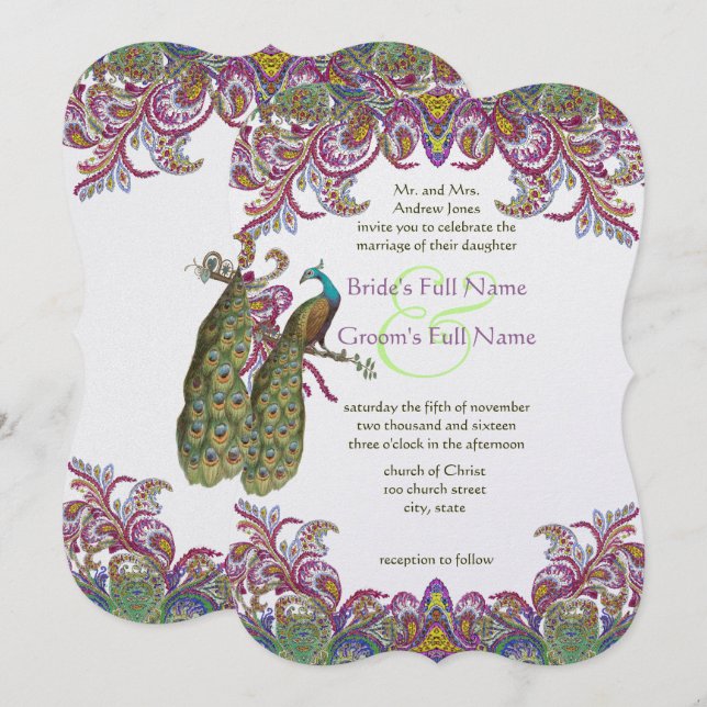 Convites de Casamento Damask Peacock Raspberry (Frente/Verso)