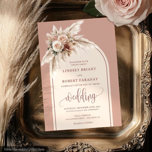 Convites de casamento de Arcos Pampas Rosa Glamoro (Glamorous Dusty Pink Pampas Arch Wedding Invitation)