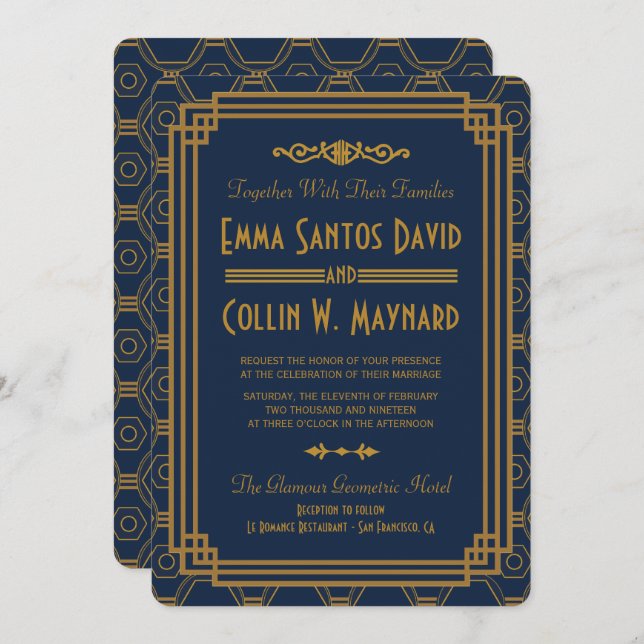 Convites de casamento de Deco Azul Personalizados (Frente/Verso)