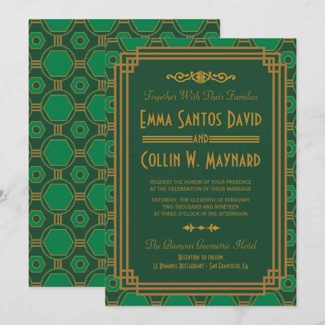 Convites de casamento de Deco de Arte Verde (Frente/Verso)