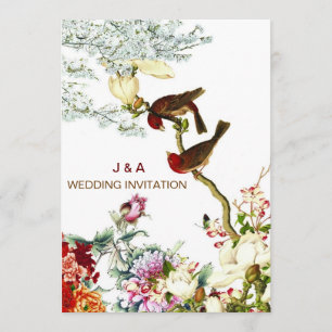 Convites de casamento de flores e aves florescente