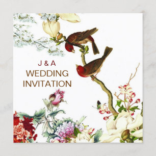 Convites de casamento de flores e aves florescente