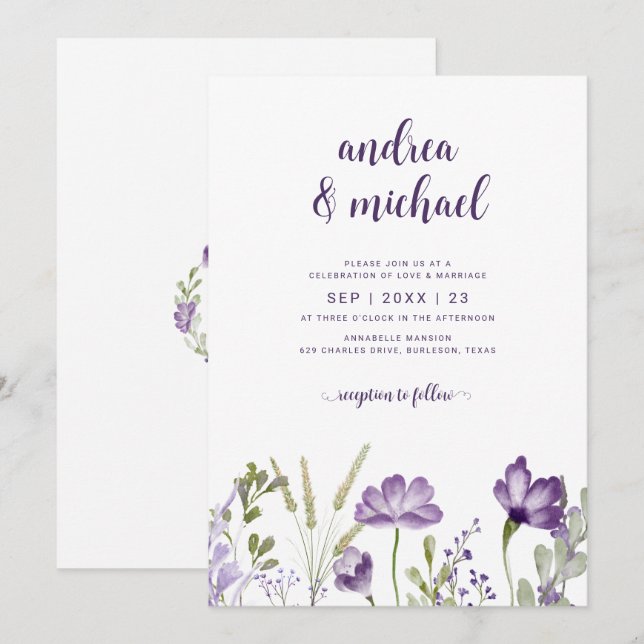 Convites de Casamento de Flores Silvestres Roxas B (Frente/Verso)