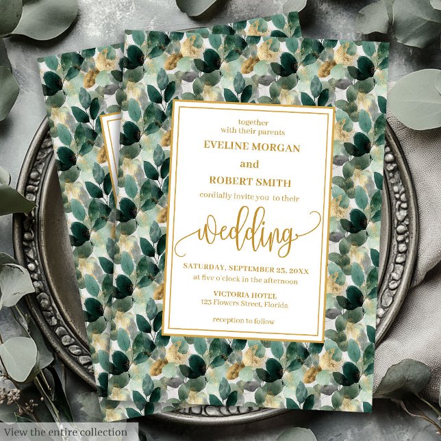 Convites de casamento de Folhagem Dourada Clássica (Classic Forest Green Gold Foliage Wedding Invitation)