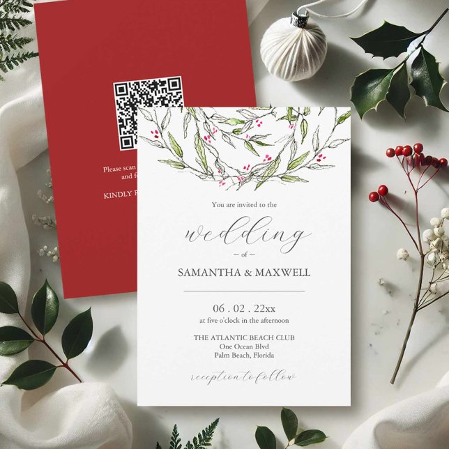 Convites de Casamento de Inverno com Código QR (Christmas wedding invitations printing with hand painted art by Victoria Grigaliunas Do Tell A Belle)
