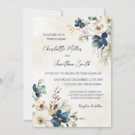 Convites de Casamento de Inverno Florais Azuis Ele