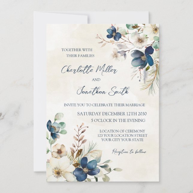 Convites de Casamento de Inverno Florais Azuis Ele (Frente)