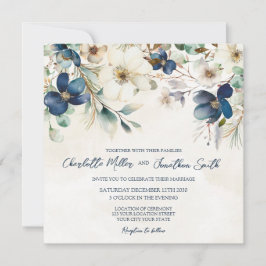 Convites de Casamento de Inverno Florais Azuis Ele