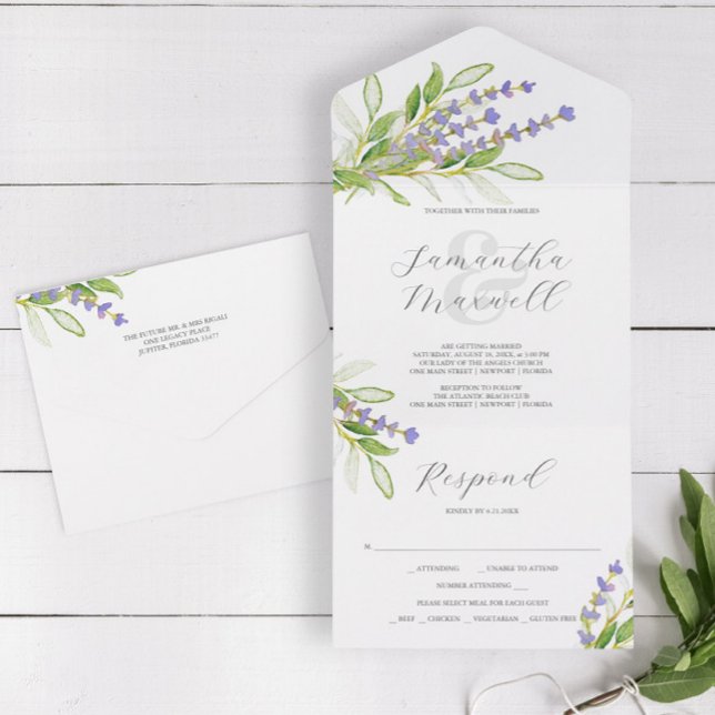 Convites de Casamento de lavanda com RSVP (Wedding invitations with RSVP cards feature watercolor lavender art by Victoria Grigaliunas)