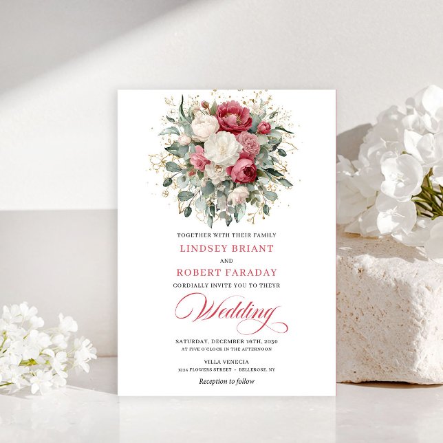 Convites de Casamento de Luxo Boêmio com Vegetação (Luxury Bohemian Red Blush Greenery Wedding Invitation)