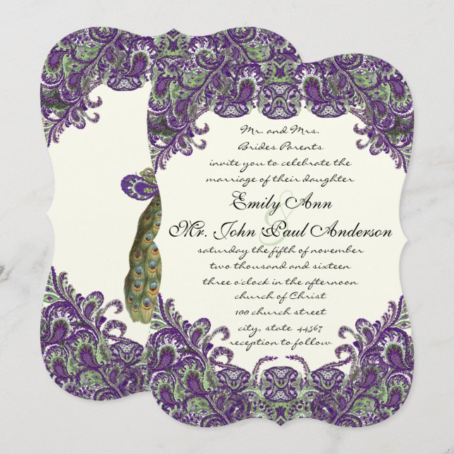 Convites de Casamento de Marfim com Pavão Roxo e V (Frente/Verso)