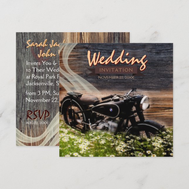 Convites de Casamento de Moto Antiga Rústica (Frente/Verso)