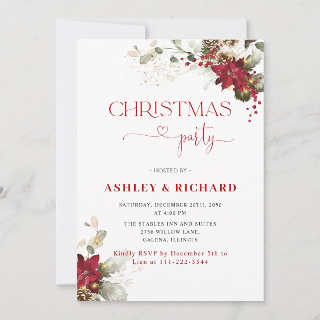 Convites de Casamento de Natal com Flores Vermelha (Frente)
