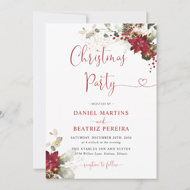 Convites de Casamento de Natal com Flores Vermelha (Frente)