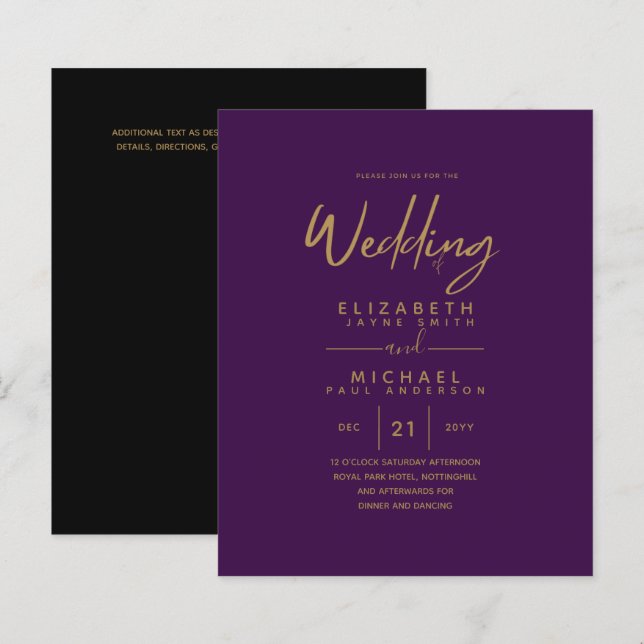 Convites de casamento de Orçamento Dourado Roxo Mo (Frente/Verso)