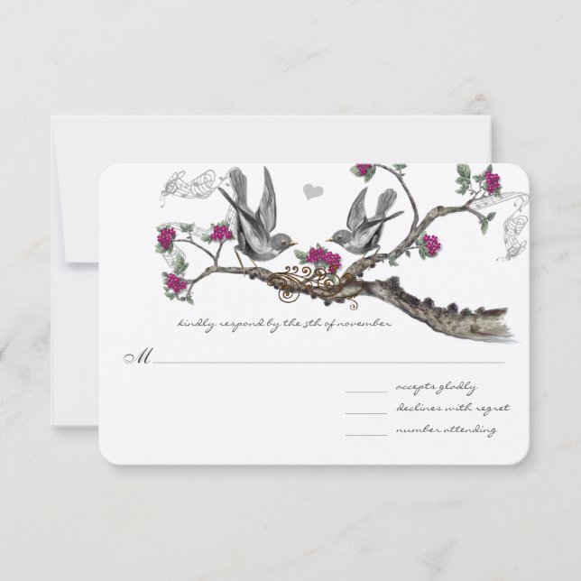 Convites de Casamento de Pássaros Vintage Fuchsia  (Frente)
