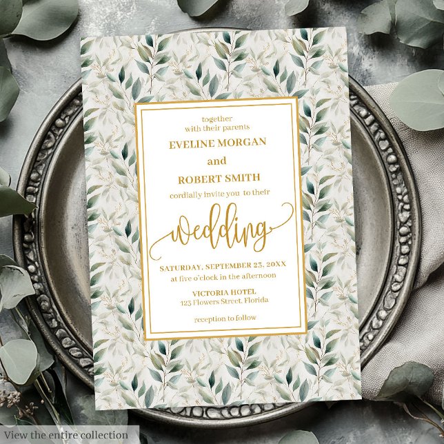 Convites de casamento de pastas Douradas verdes e  (Timeless Deep Green Gold Foliage Wedding Invitation)