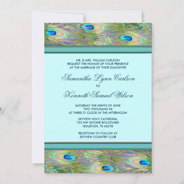 Convites de Casamento de Pavão Azul Teal (Frente)
