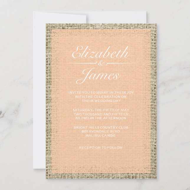Convites De Casamento De Peach Vintage Burlap (Frente)