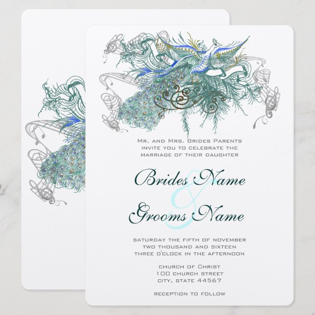 Convites De Casamento De Peacock De Leite (Frente/Verso)