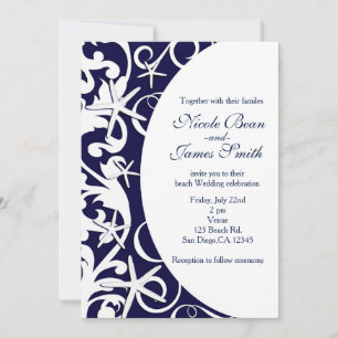 Convites de Casamento de Praia Azul Escuro com Est