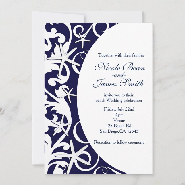 Convites de Casamento de Praia Azul Escuro com Est (Frente)