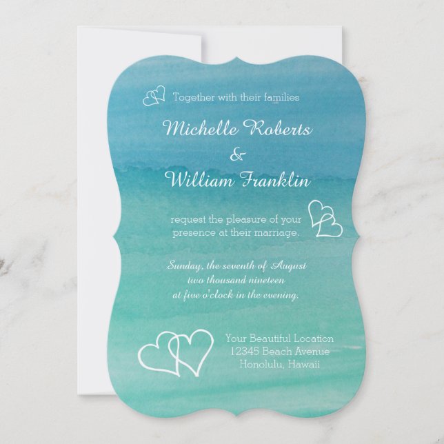 Convites de casamento de praia em aquarela azul aq (Frente)