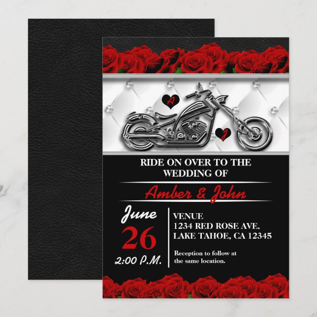 Convites de Casamento de Rosa de Couro de Motocicl (Frente/Verso)