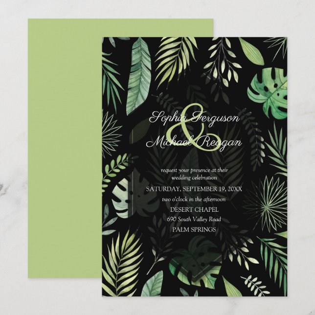 Convites de casamento de verde tropical preto botâ (Frente/Verso)