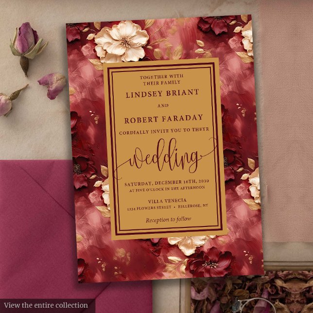 Convites de casamento Dourados Clássicos Lux Dark  (Classic Lux Dark Red Gold Floral Wedding Invitation)