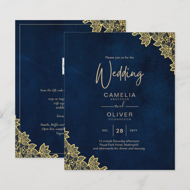 Convites de casamento Dourados de Marinho de renda (Frente/Verso)