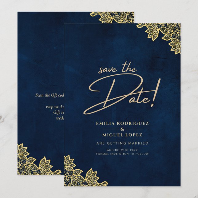 Convites de casamento Dourados de Marinho de renda (Frente/Verso)