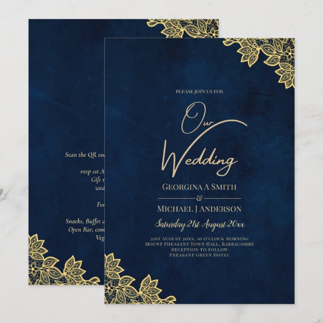 Convites de casamento Dourados de Marinho de renda (Frente/Verso)