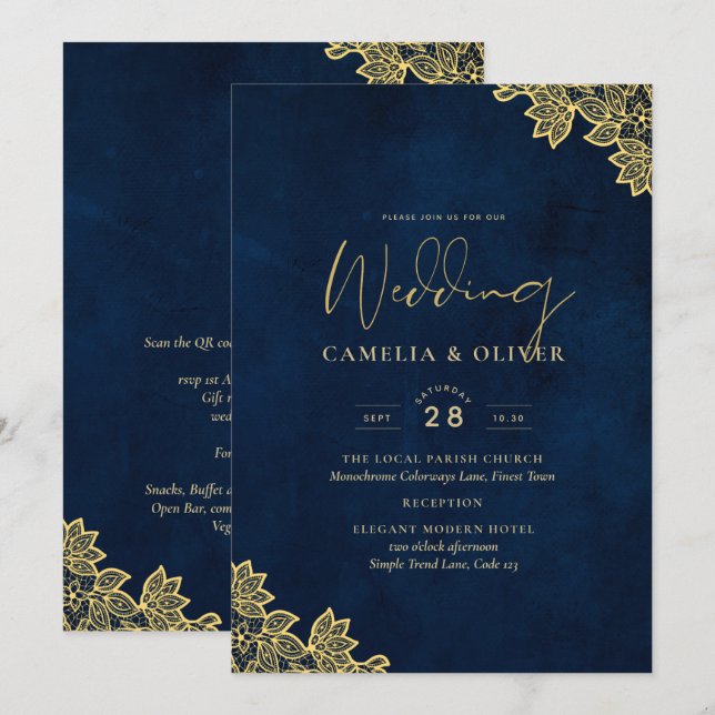 Convites de casamento Dourados de Marinho de renda (Frente/Verso)