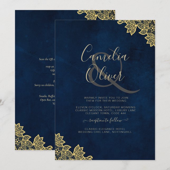 Convites de casamento Dourados de Marinho de renda (Frente/Verso)