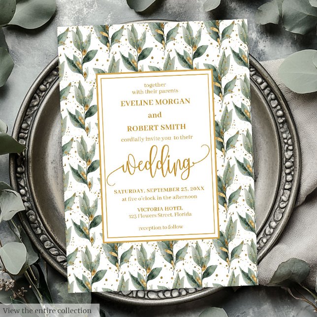 Convites de casamento Dourados Eucalipto Verde Sag (Refined Sage Green Gold Eucalyptus Wedding Invitation)