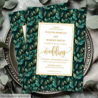 Convites de casamento Dourados Eucalyptus Verdes T