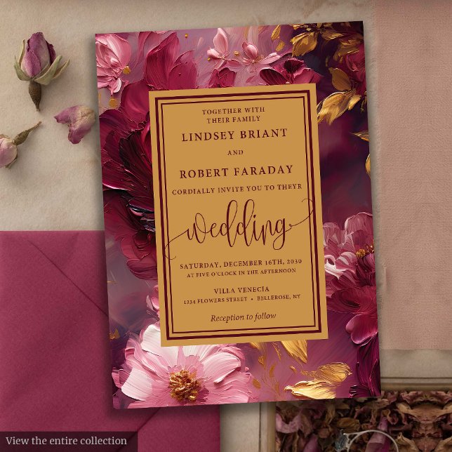 Convites de casamento Dourados Florais Russos de L (Rustic Luxury Burgundy Gold Floral Wedding Invitation)