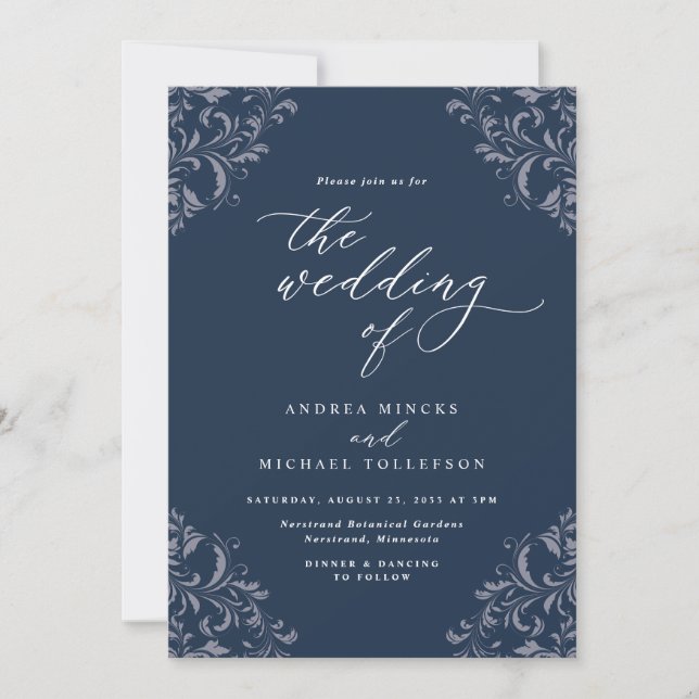 Convites de Casamento Elegantes Azul-Navy Vintage (Frente)