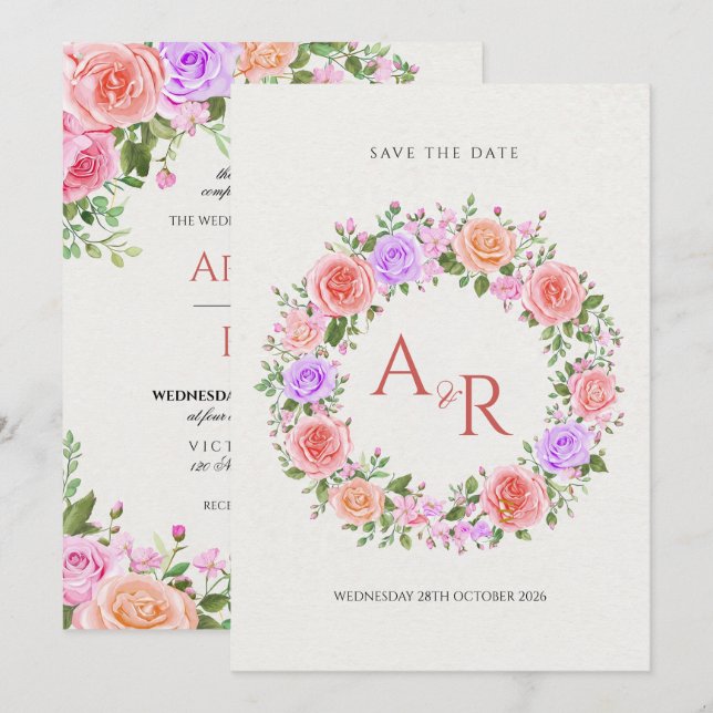 Convites de casamento elegantes com motivos de ros (Frente/Verso)