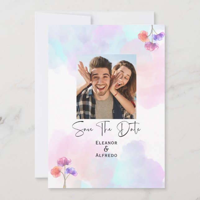 Convites de Casamento Elegantes em Aquarela Rosa e (Frente)