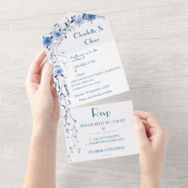 Convites de Casamento Elegantes em Azul com Flores