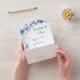 Convites de Casamento Elegantes em Azul com Flores