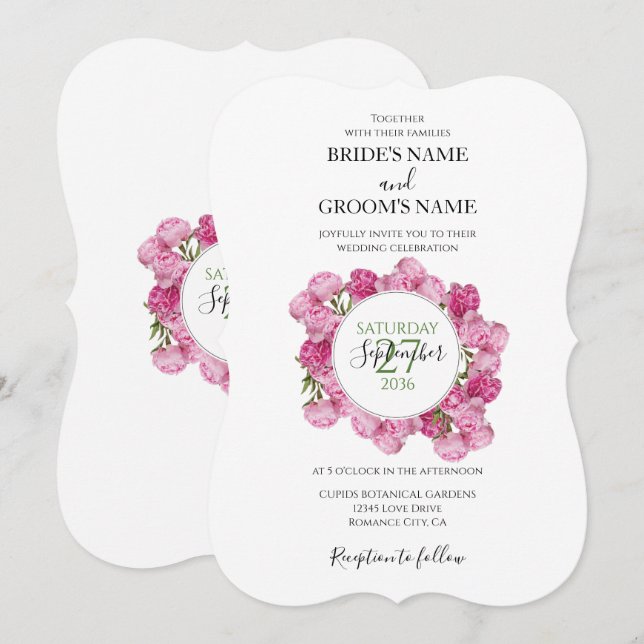 Convites de Casamento Elegantes Peônias Rosa (Frente/Verso)